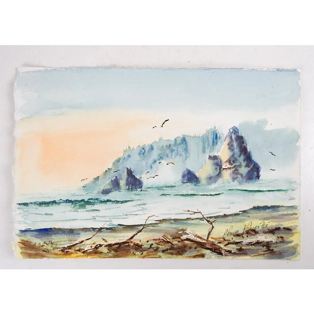 Mediterranean Vintage 1996 Rocky Coast and Beach Watercolor Painting For Sale - Image 3 of 3