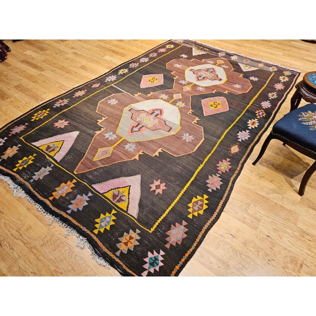 Vintage Turkish Kilim Rug, Handwoven Wool, Chocolate Brown, Pale Green, 7x11 For Sale - Image 4 of 15