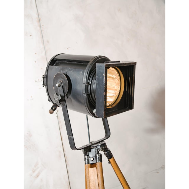 1950s a.e. Cremer paris film spotlight on a vintage wooden surveyors tripod, theater floor lamp, loft fresnel floor lamp,...