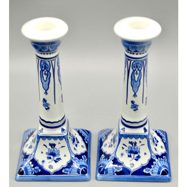 Ceramic Dutch Delft Chinoiserie Candle Holders, a Pair For Sale - Image 7 of 8