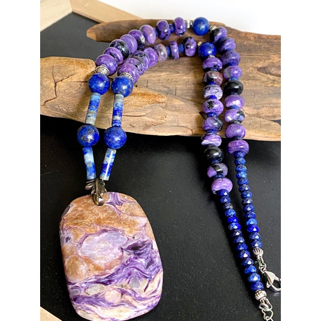 Statement Charoite and Lapis Lazuli Necklace With Sculptural Charoite Pendant a Wearable Work of Art For Sale - Image 13 of 18