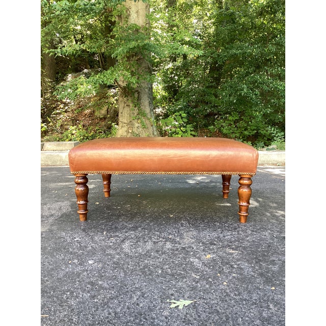 English Late 20th Century Cognac Leather Rectangular Ottoman With Turned Wood Legs & Nailhead Trim For Sale - Image 3 of 6