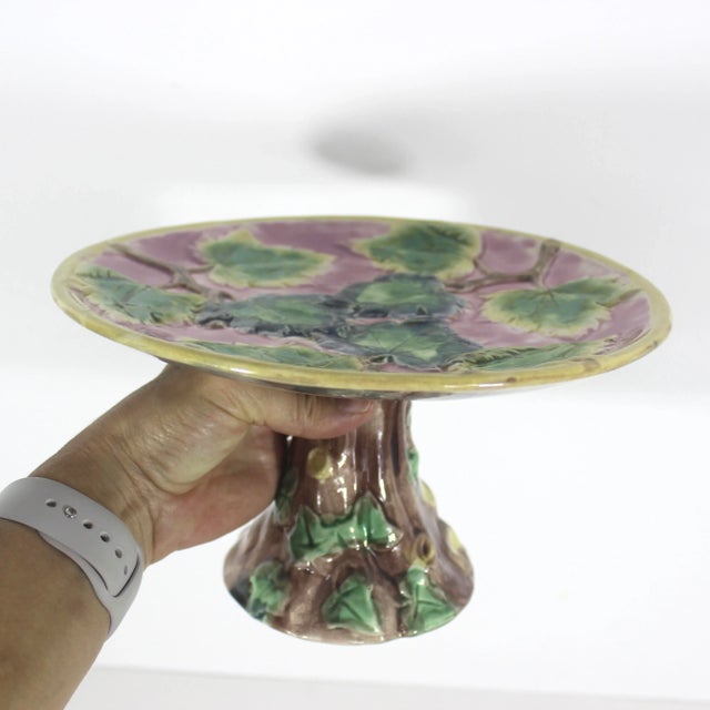 Pink Antique Etruscan Majolica Cake Stand, Round Pink Yellow Green Leaf Motif Platter With Faux Bois and Ivy Base Makers Mark For Sale - Image 8 of 11