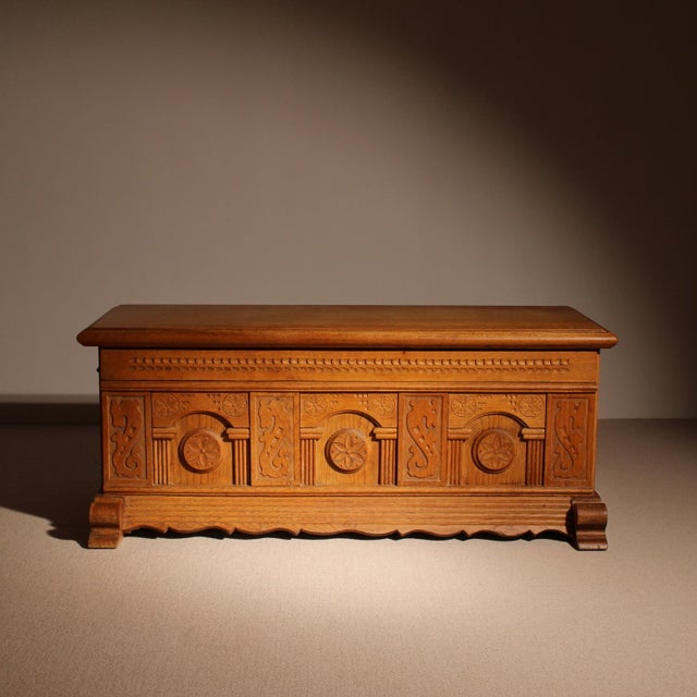 Carved Oak Chest with Decorative Front, Germany, 1970s For Sale - Image 11 of 12