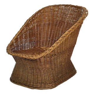 1970s Scoop Wicker Lounge Chair With Pedestal Base For Sale