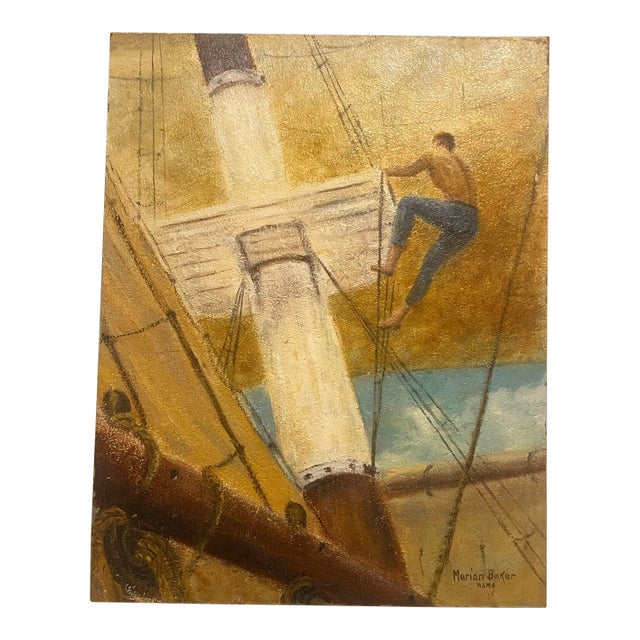 Marian Baker (1915-1981/2), Nautical Oil on Hardboard, “Going Aloft,” Signed, Dated For Sale