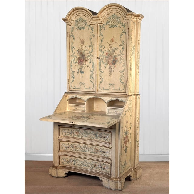 Vintage Italian Venetian Hand Painted Secretary Desk W/ Bookcase Top For Sale - Image 6 of 17