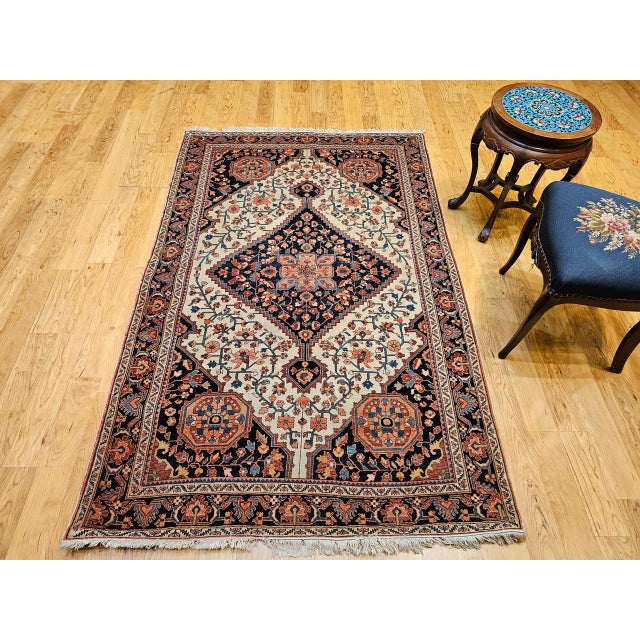 19th Century Persian Farahan Sarouk Rug, Hand-Knotted Wool, Floral Medallion Pattern, Ivory & Blue, 5x7 For Sale - Image 4 of 17