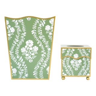 Green Floral Trellis Tole Waste Basket & Tissue Box Set For Sale