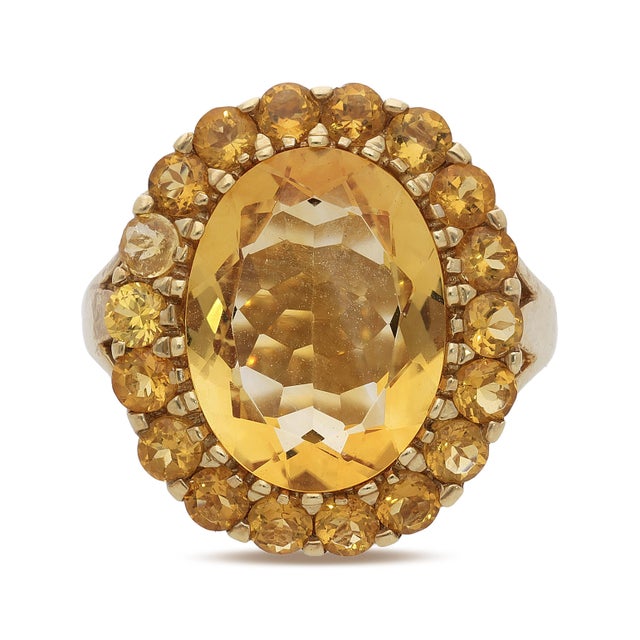 Metal 1990s 11 Carat Oval Citrine & Round Citrine Halo 14k Yellow Gold Vintage Cocktail Ring, Size 9.75 For Sale - Image 7 of 7