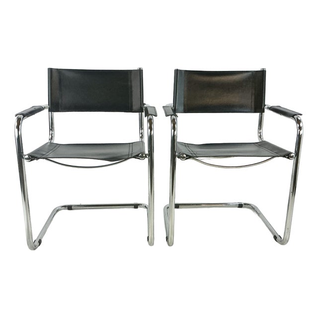 1980s Vintage Contemporary Modern Italian Cantilever Black Leather Side Chairs - A Pair. For Sale