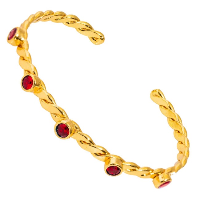Contemporary Twisted Ruby & Gold Dainty Cuff Bracelet For Sale - Image 3 of 9