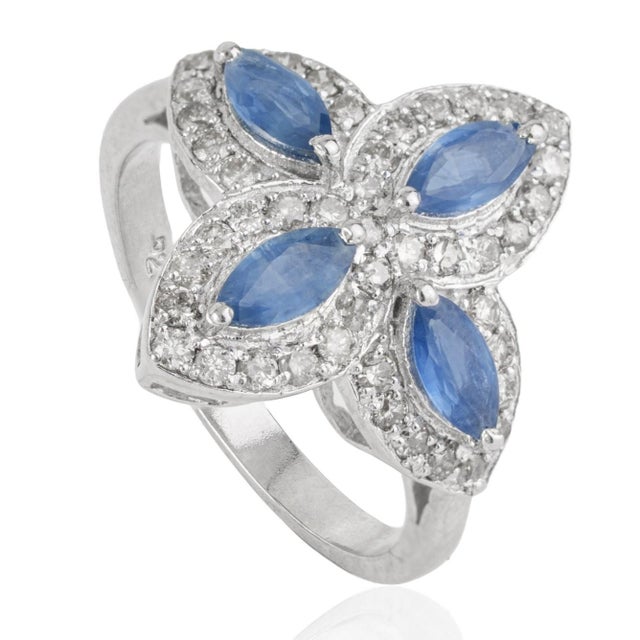 Art Deco Antique Edwardian Style Blue Sapphire & Diamond Halo Ring in Sterling Silver, Size 7 For Sale - Image 3 of 13