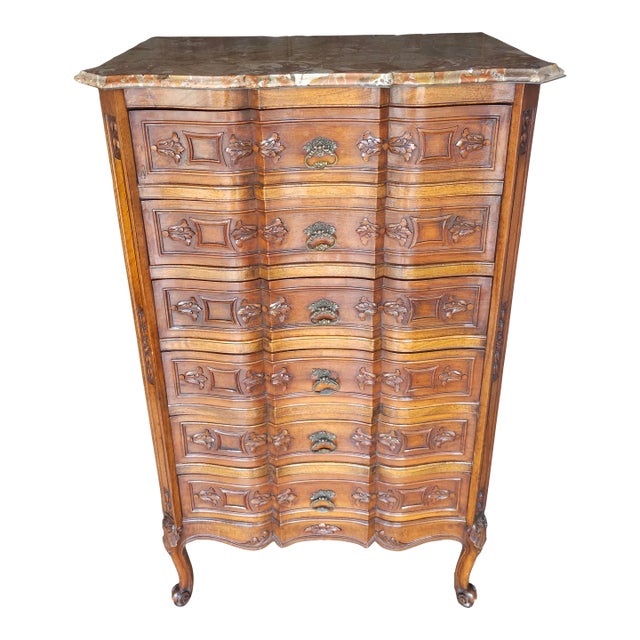 Provincial Style Walnut and Breche D’Alep Marble Top Chest of Drawers For Sale