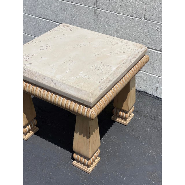 Contemporary Kreiss Contemporary Travertine Stone Carved Wood Accent Table For Sale - Image 3 of 5