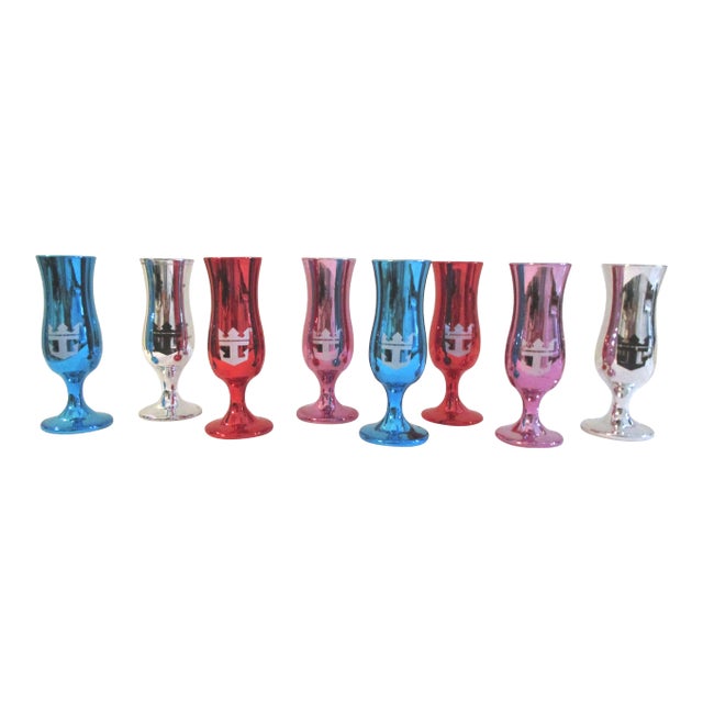 1980s Loving Cup Metallic Glass Cordial/Shot Glasses, Set of 8 For Sale