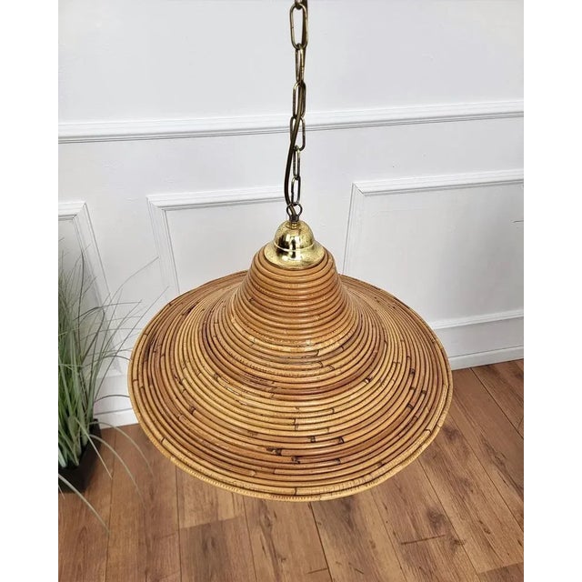 Gilt Brass & Rattan Pendant Hanging Light, 1960s For Sale - Image 4 of 7