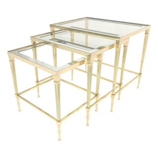 Fine Polished Brass Glass Mirrored Frames Tops Nesting Side Tables Stands Redone For Sale