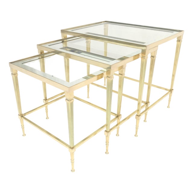 Fine Polished Brass Glass Mirrored Frames Tops Nesting Side Tables Stands Redone For Sale
