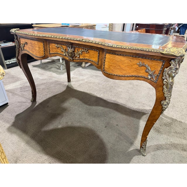 French Mid 20th Century Leather Top 3 Drawer Wood and Ormalu Trim Desk For Sale - Image 3 of 5