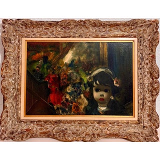 Jean Calogero, Mod Italian Surrealist Oil Painting Jean Calogero Big Eyed Girl, Victorian Party For Sale