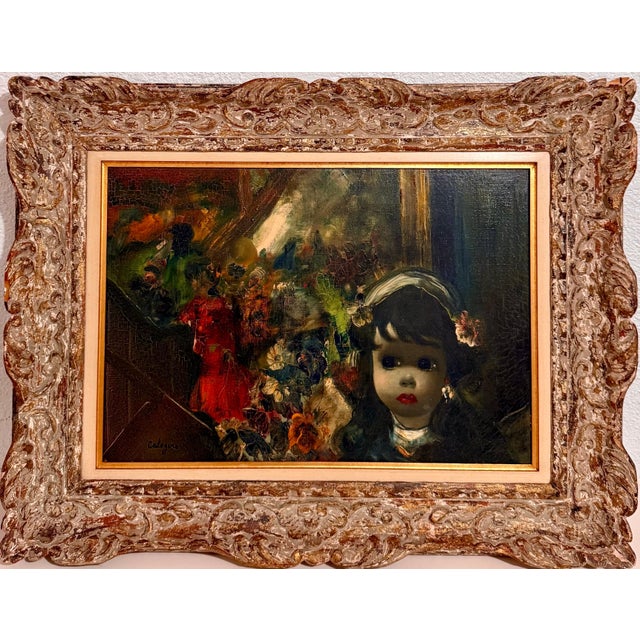 Jean Calogero, Mod Italian Surrealist Oil Painting Jean Calogero Big Eyed Girl, Victorian Party For Sale