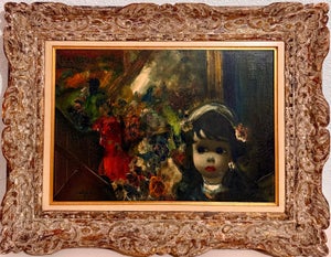 Jean Calogero, Mod Italian Surrealist Oil Painting Jean Calogero Big Eyed Girl, Victorian Party