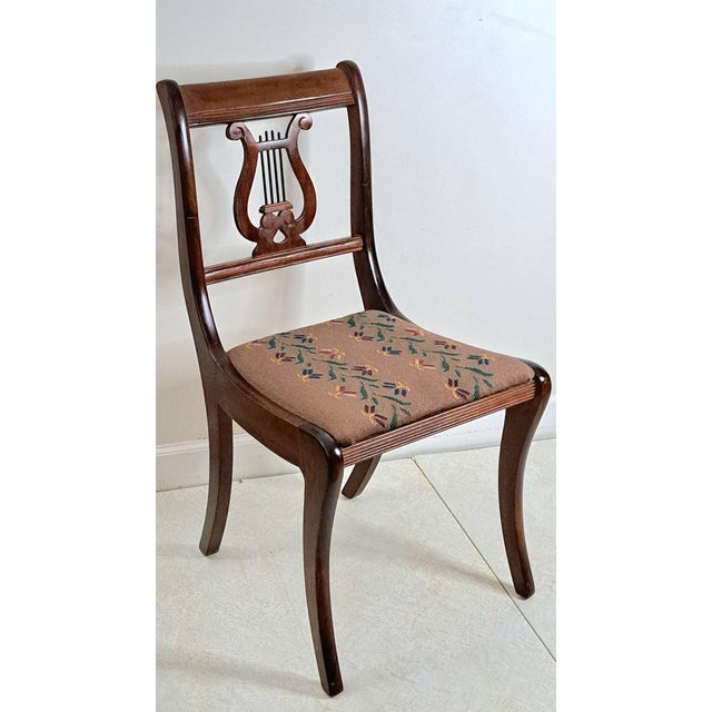 American Early 20th Century Duncan Phyfe Style Mahogany Lyre Back Needlepoint Side Chair For Sale - Image 3 of 13