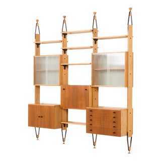 Mid-Century Floor to Celling Wall Unit in Teak and Ash, Czechoslovakia, 1960s For Sale