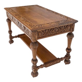 Heavily Fine Carved Oak Small Partners Desk Console Writing Table Mint For Sale