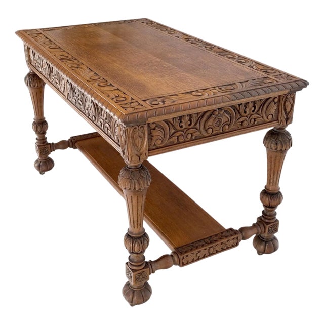Heavily Fine Carved Oak Small Partners Desk Console Writing Table Mint For Sale