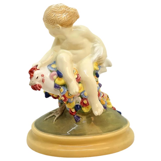 Art Ceramics Art Nouveau Vienna Figure Putto Riding on Cock by Doblinger, 1910s For Sale