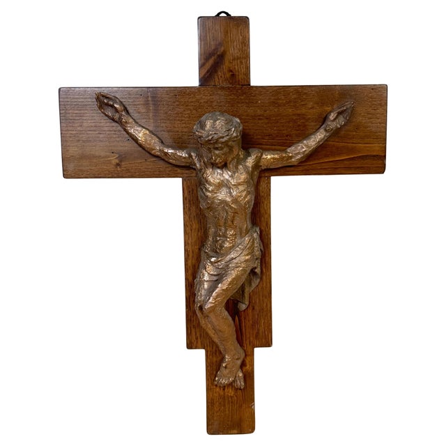 1960s Modernist Cast Bronze Crucifix on Walnut Cross, French or Belgian, Circa 1960s For Sale - Image 5 of 18