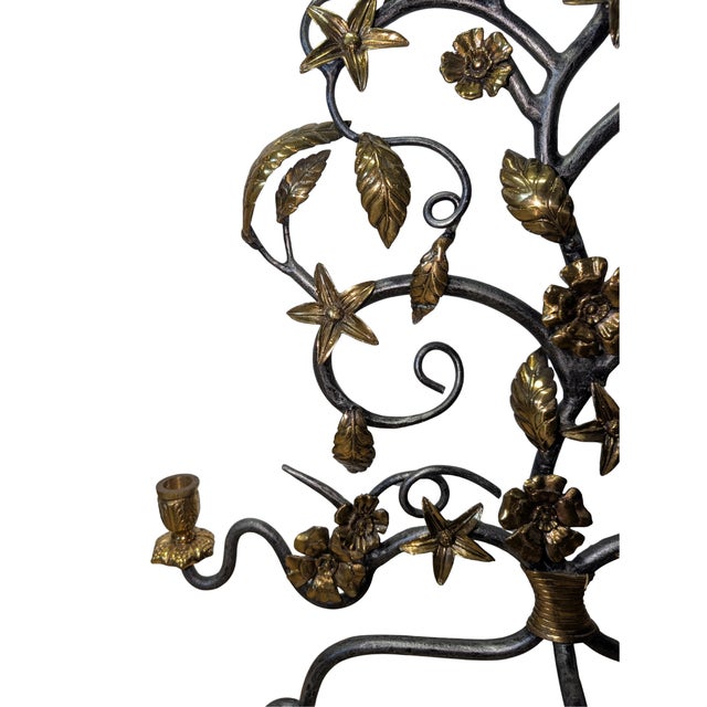 Mid-20th Century Hand-Forged Wrought Iron Candelabra With Applied Cast Brass Botanical Details For Sale - Image 4 of 11