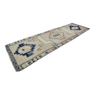 Vintage Anatolian Wool Runner, Hand-Woven Kilim With Deep Blue Geometric and Animal Motifs For Sale