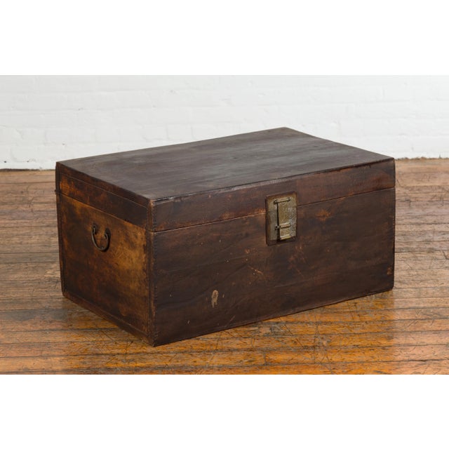 Asian 19th Century Brown Leather Brown Trunk with Etched Brass Lock & Distressed Patina For Sale - Image 3 of 12