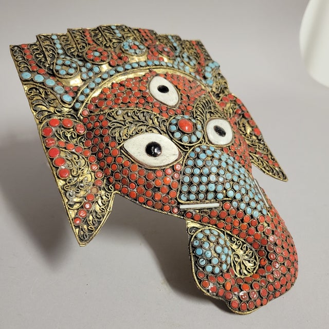Vintage Nepalese Elephant Ganesh Wall Mask With Gold Gilt, Red & Turquoise Glass Inlay For Sale In Raleigh - Image 6 of 7