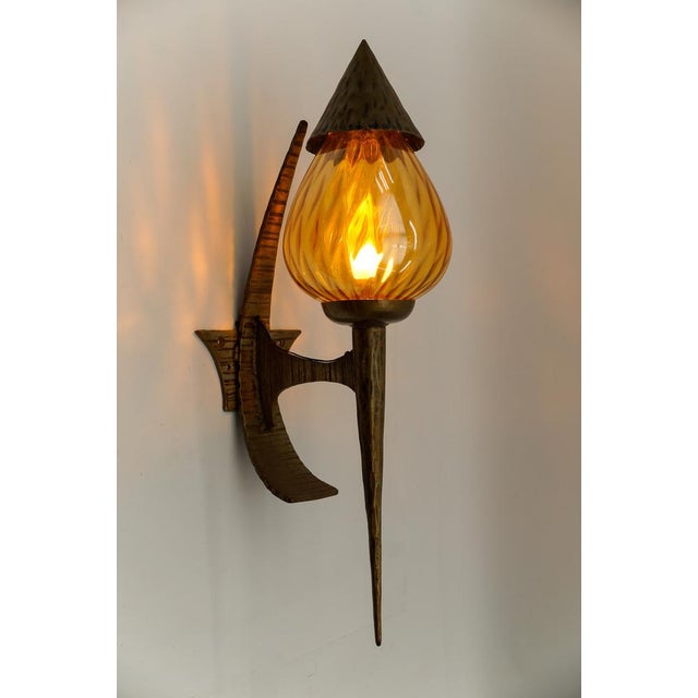1960s Large French Hand-Forged Iron and Glass Wall Lamp, 1960s For Sale - Image 5 of 17