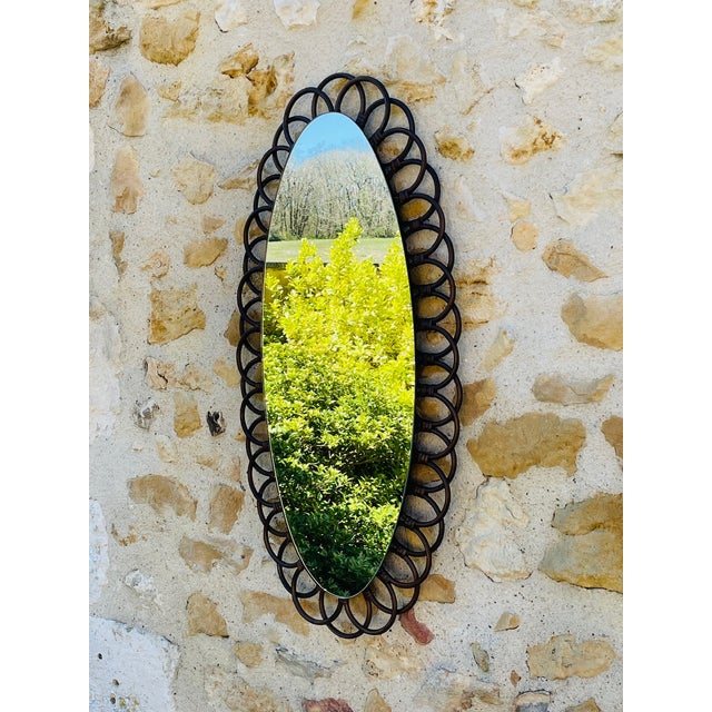 Brown Mid-Century Oval Bamboo & Rattan Mirror, 1960s For Sale - Image 8 of 18