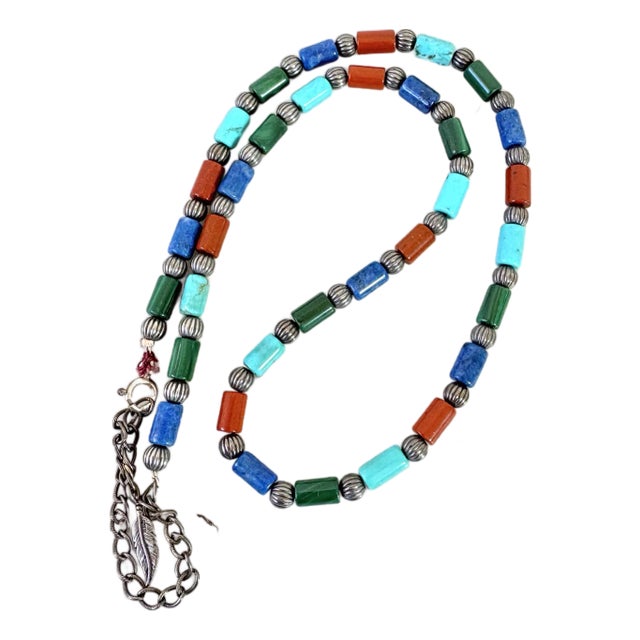 Vintage Sterling Silver, Turquoise, Lapis, Malachite, and Carnelian Beaded Necklace For Sale