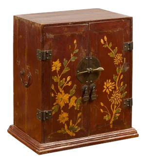 Mid 19th Century Chinese Qing Dynasty Side Cabinet with Painted Floral Decor