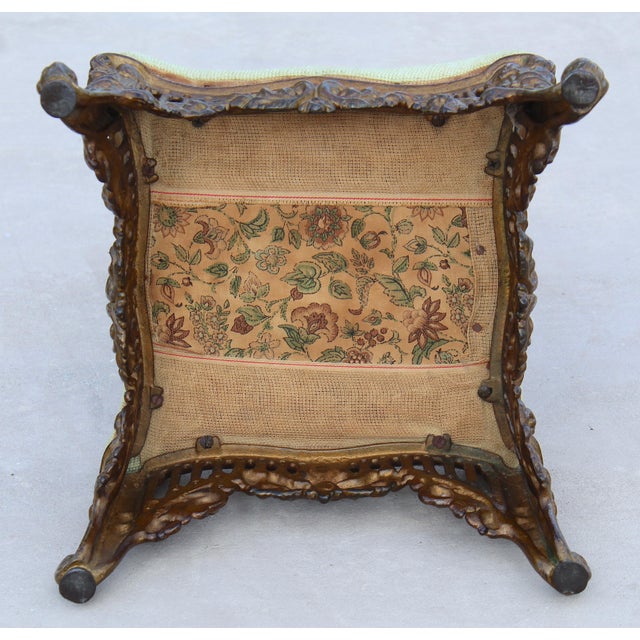 Vintage 1940s Rococo Revival Gilt Cast Iron Footstool With Floral Needlepoint Cushion For Sale - Image 13 of 13