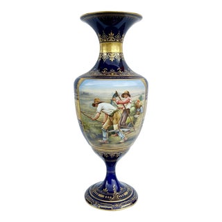 19th Century Royal Vienna Baluster Form Cobalt and Gilt Urn With Paintings Depicting Rural Scenes For Sale
