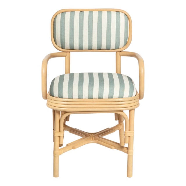 Dorine Striped Performance Linen & Rattan Dining Armchair, Mint Green For Sale - Image 11 of 11