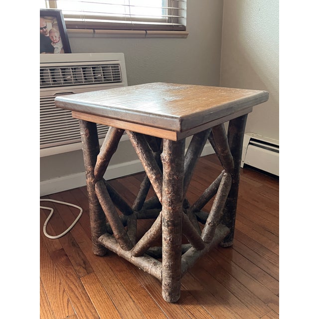 Folk Art 1980s Adirondack / Folk Art Theme, Rustic Log Accent Table, Cabin Lodge Log & Twig Side Table. White Pine & Birch For Sale - Image 3 of 12