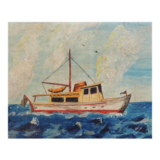 Small Folk Art Fishing Boat Painting For Sale