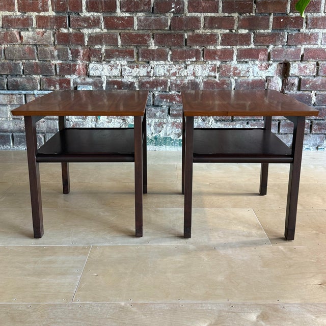Dunbar Furniture Pair of Dunbar Walnut and Mahogany Side Tables With Leather Capped Feet For Sale - Image 4 of 12