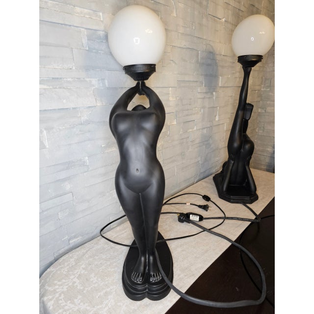 Black Set of 2 Vintage Art Deco Black Lamps Nude Woman Holding a Globe Figural For Sale - Image 8 of 12