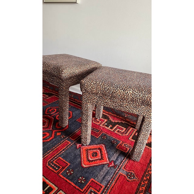 Textile Vintage Pair of Leopard Print Upholstered Vanity Stools – Hollywood Regency Style For Sale - Image 7 of 11