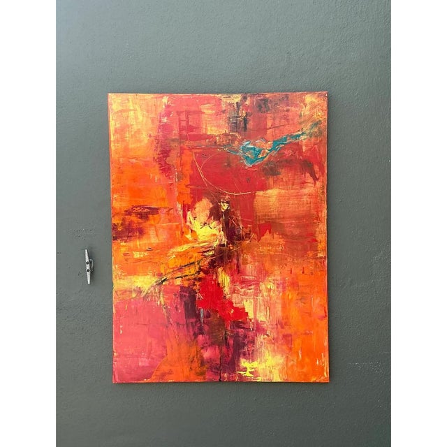 Defined by expansive chromatic heat and spontaneous gestural vigor, this large-scale mid-century modern abstract...